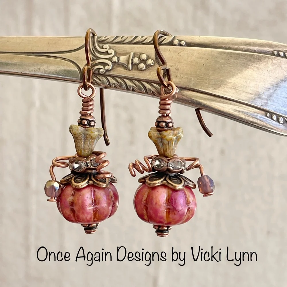 Hand Crafted “Pretty in Pink Pumpkin” Dangle Earrings - Picture 3 of 11